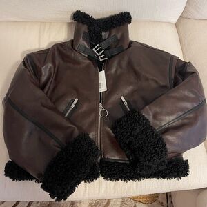 WeWoreWhat Cropped Sherpa Moto Jacket in Dark Patina & Black Sherpa - NWT